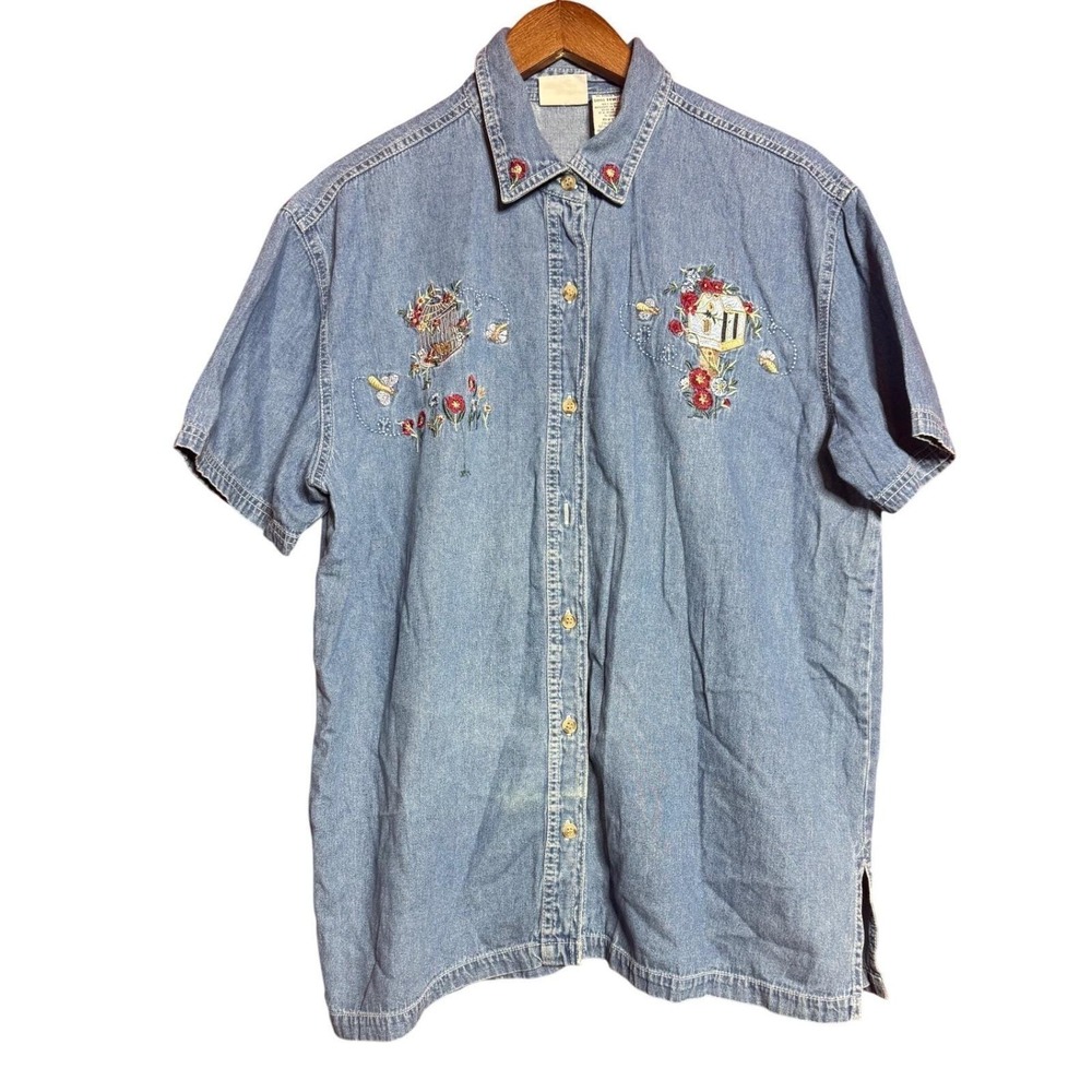 VTG Bobbie Brooks Woman 14W-16W Denim Blue Shirt Floral Cottagecore Embroidery
